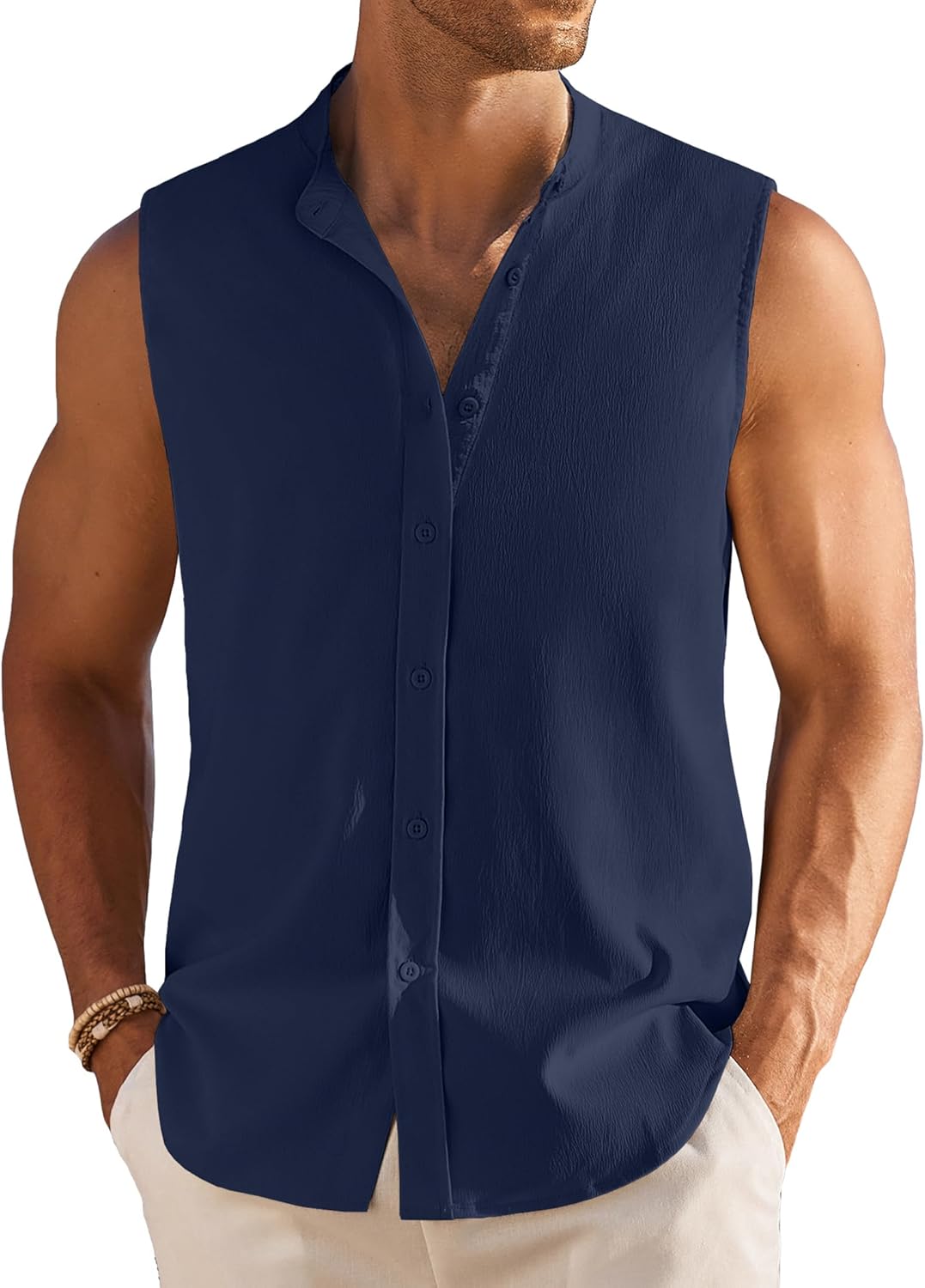 Men's Summer Beach Tank Tops Sleeveless Button Up Casual Textured Shirts Banded Collar Vacation Cruise