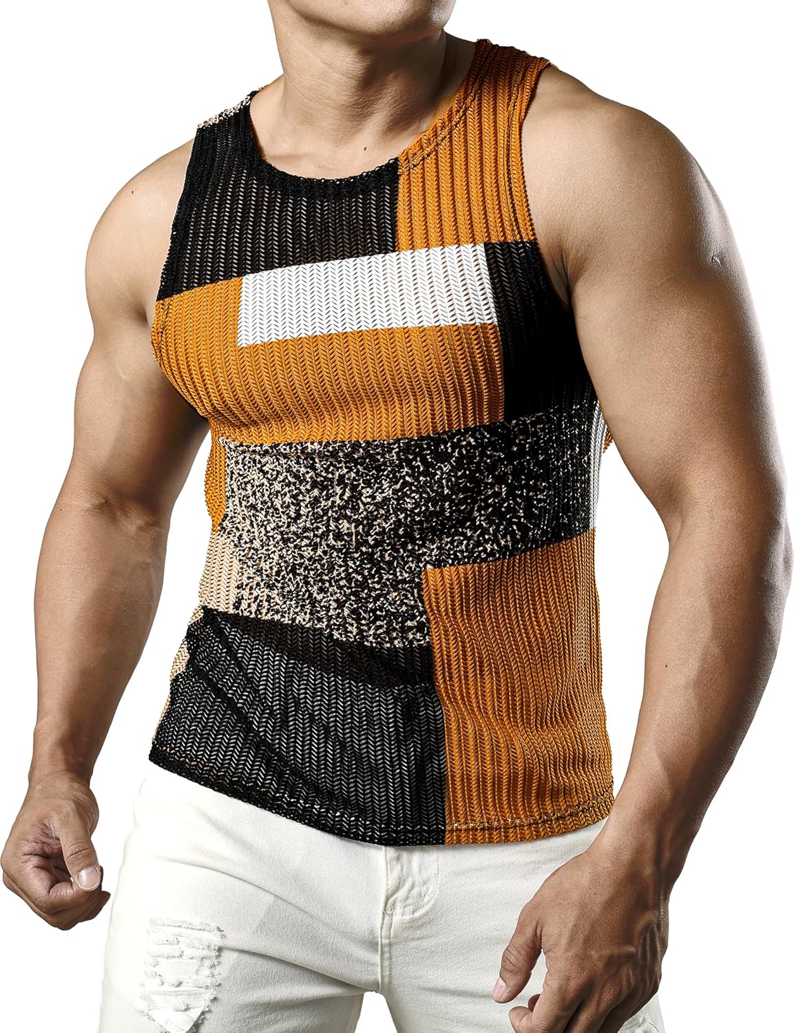 JOGAL Mens Boho Summer Tank Top Sleeveless Muscle Mesh Shirt