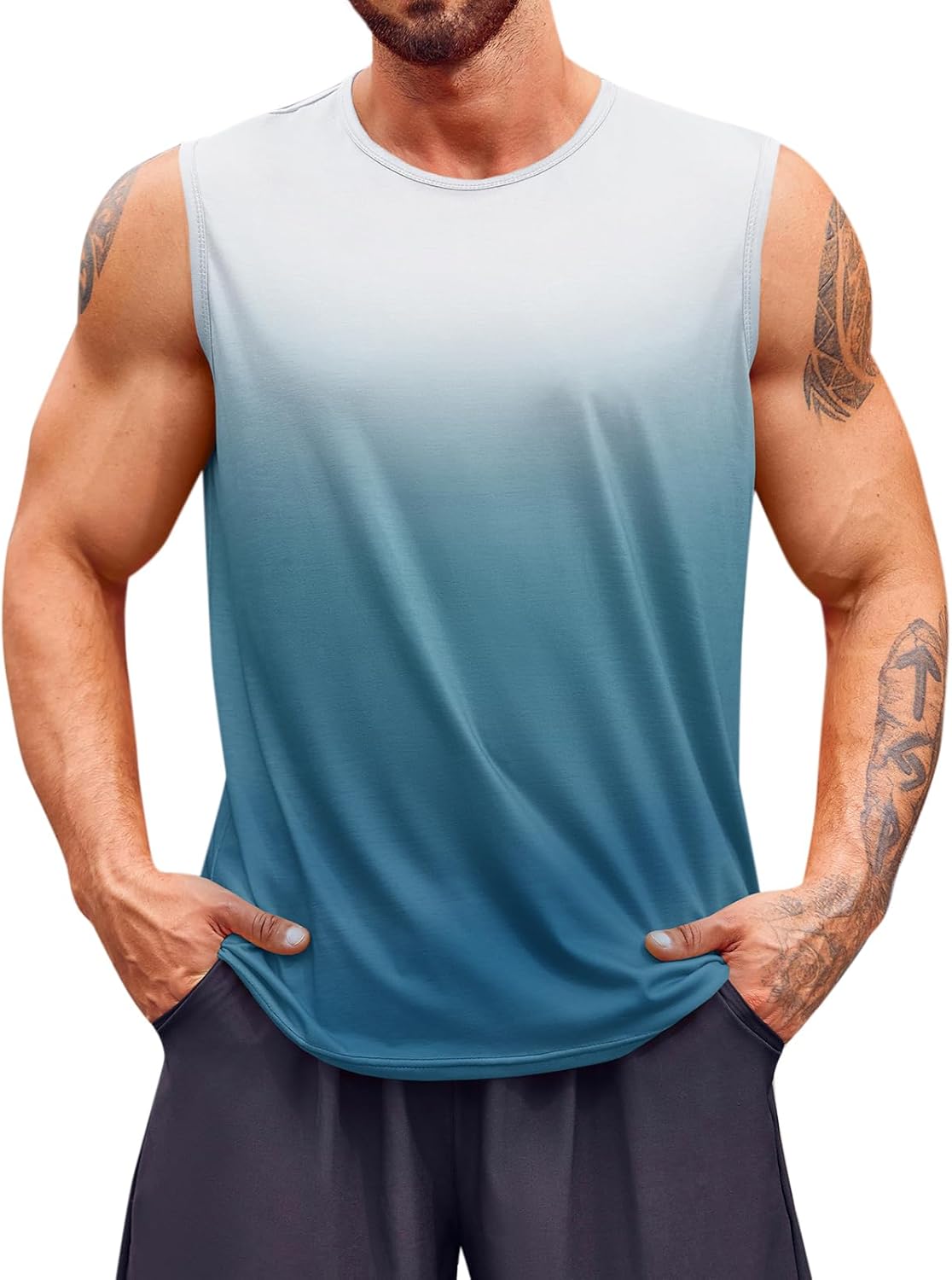 Runcati Mens Sleeveless Tank Tops Workout Muscle Gym T Shirts Crew Neck Gradient Tee Tops