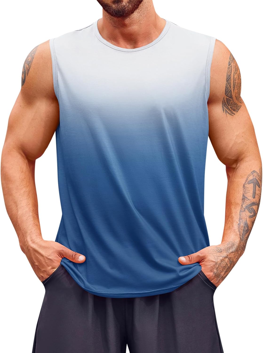 Runcati Mens Sleeveless Tank Tops Workout Muscle Gym T Shirts Crew Neck Gradient Tee Tops