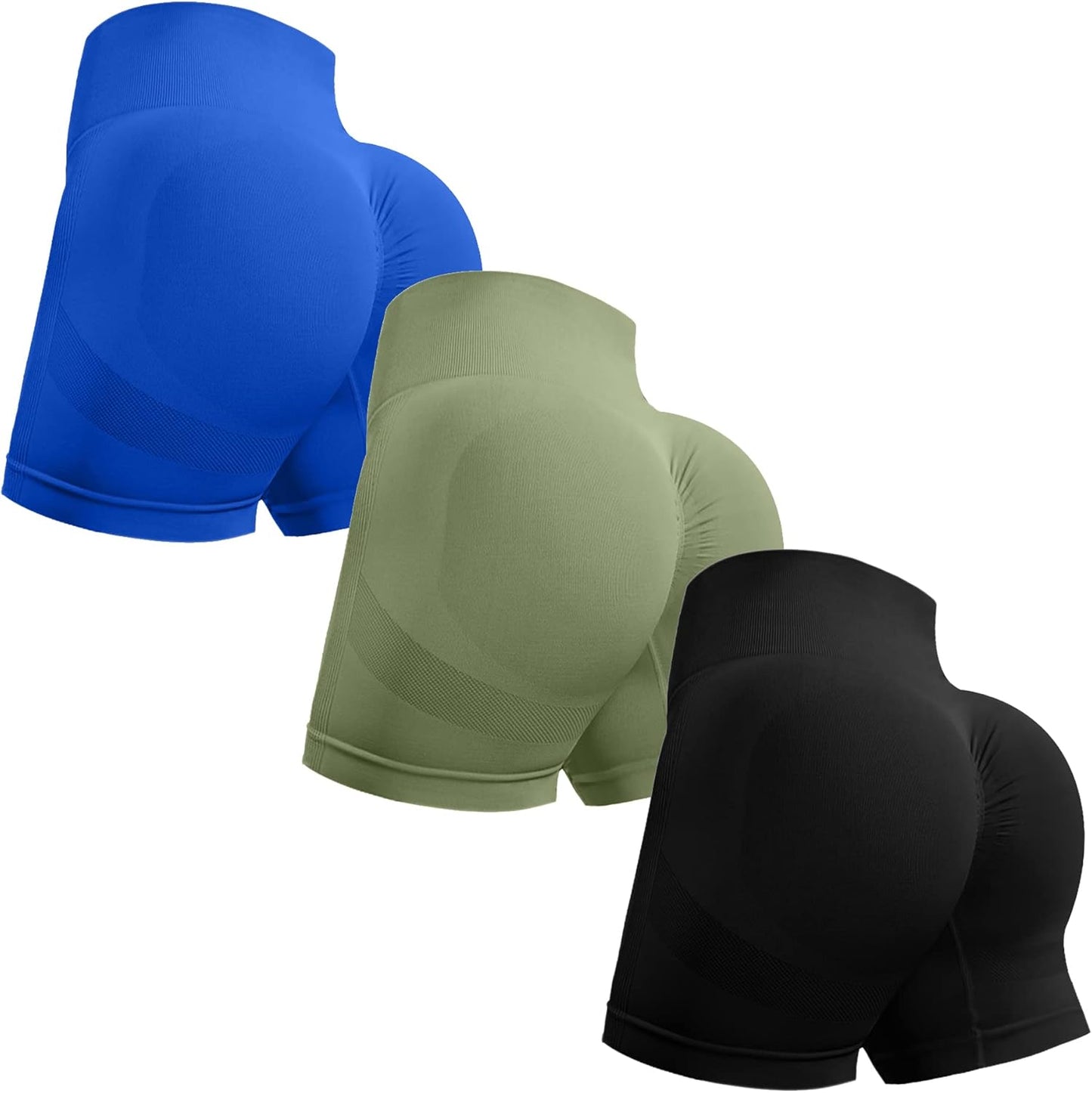 OVESPORT 3 Piece Workout Shorts for Women Seamless Scrunch Butt Lifting High Waisted Yoga Gym Booty Running Short Pants