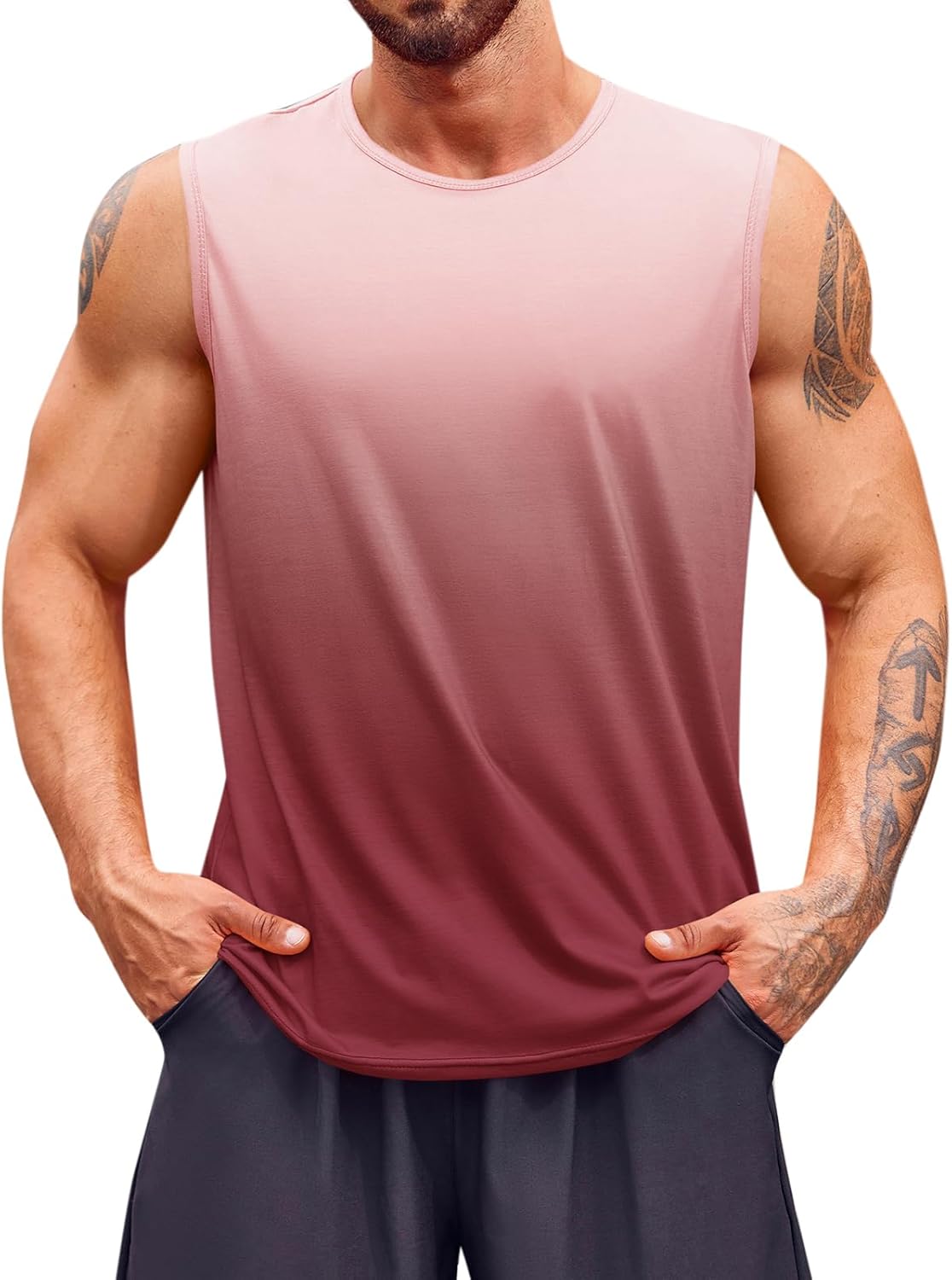 Runcati Mens Sleeveless Tank Tops Workout Muscle Gym T Shirts Crew Neck Gradient Tee Tops