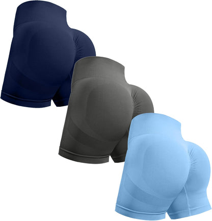 OVESPORT 3 Piece Workout Shorts for Women Seamless Scrunch Butt Lifting High Waisted Yoga Gym Booty Running Short Pants