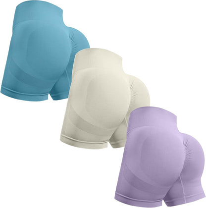 OVESPORT 3 Piece Workout Shorts for Women Seamless Scrunch Butt Lifting High Waisted Yoga Gym Booty Running Short Pants