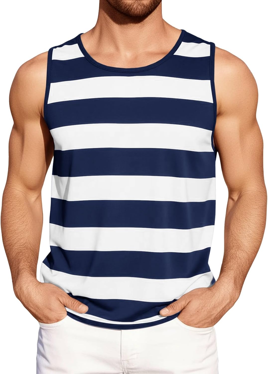 Runcati Mens Workout Tank Tops Sleeveless Striped Muscle Gym T Shirts Casual Summer Beach Tee Tops