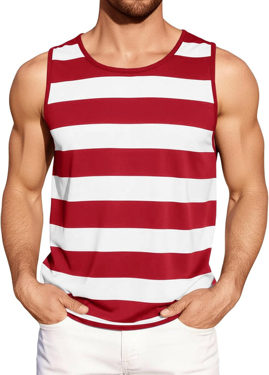 Runcati Mens Workout Tank Tops Sleeveless Striped Muscle Gym T Shirts Casual Summer Beach Tee Tops