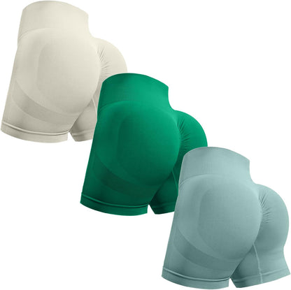 OVESPORT 3 Piece Workout Shorts for Women Seamless Scrunch Butt Lifting High Waisted Yoga Gym Booty Running Short Pants