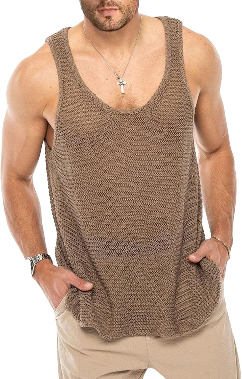 Lanliun See Through Sleeveless Tank Tops for Men Casual Unique Workout Outdoor T Shirts Gym Muscle Shirts