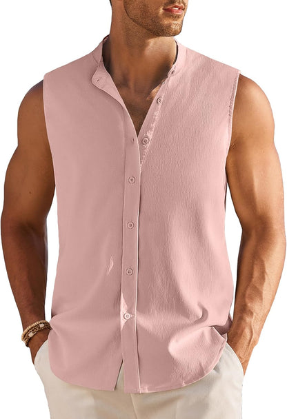 Men's Summer Beach Tank Tops Sleeveless Button Up Casual Textured Shirts Banded Collar Vacation Cruise