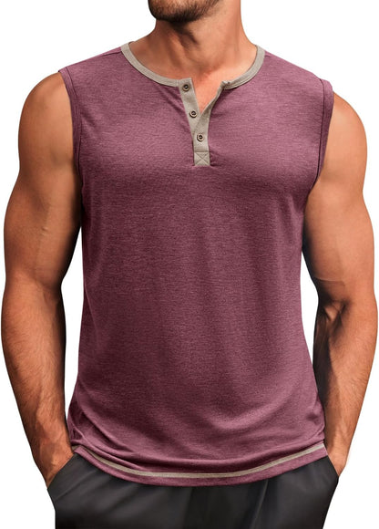 Runcati Men's Workout Tank Tops Sleeveless Gym Muscle Henley Shirt Casual Basic Summer Beach Tops