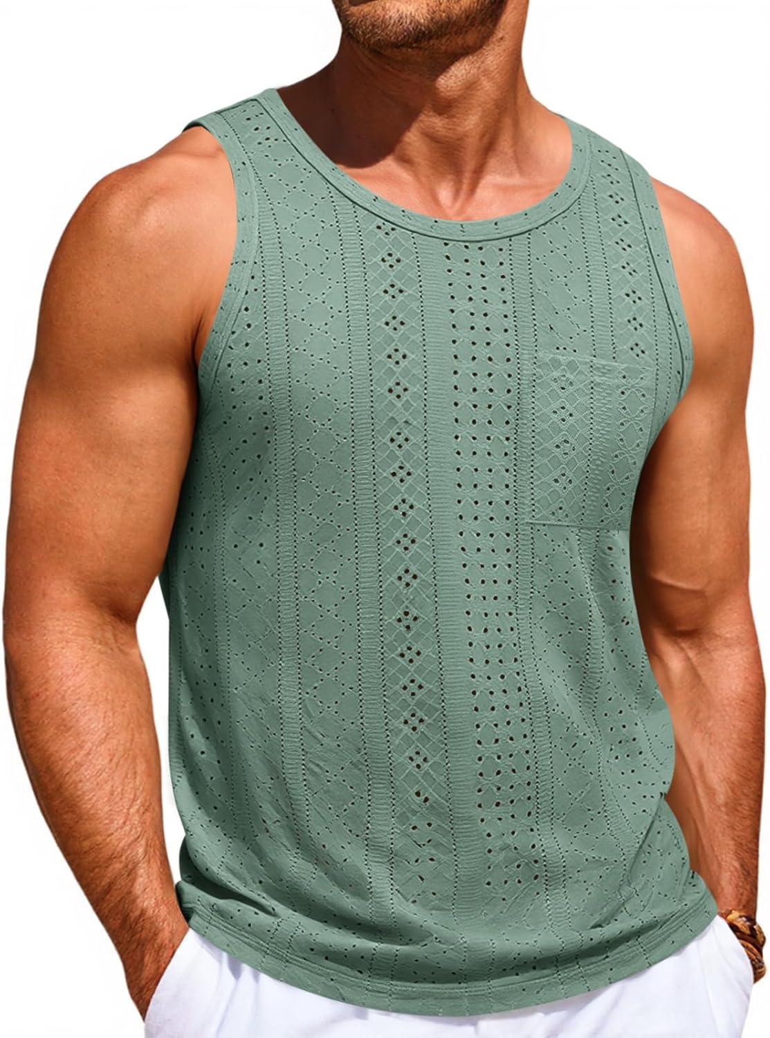 Runcati Mens Tank Tops Casual Sleeveless Hollow Out T-Shirts Muscle Summer Beach Hippie Shirts with Pocket