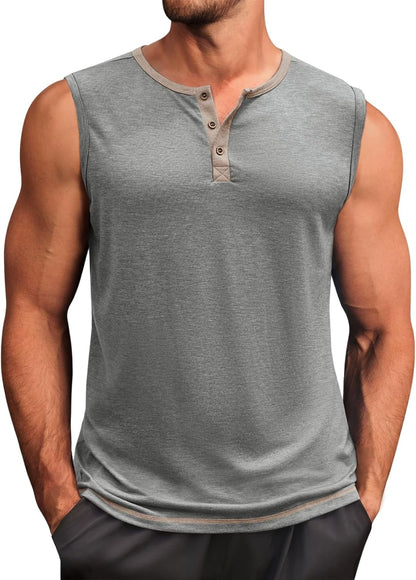 Runcati Men's Workout Tank Tops Sleeveless Gym Muscle Henley Shirt Casual Basic Summer Beach Tops