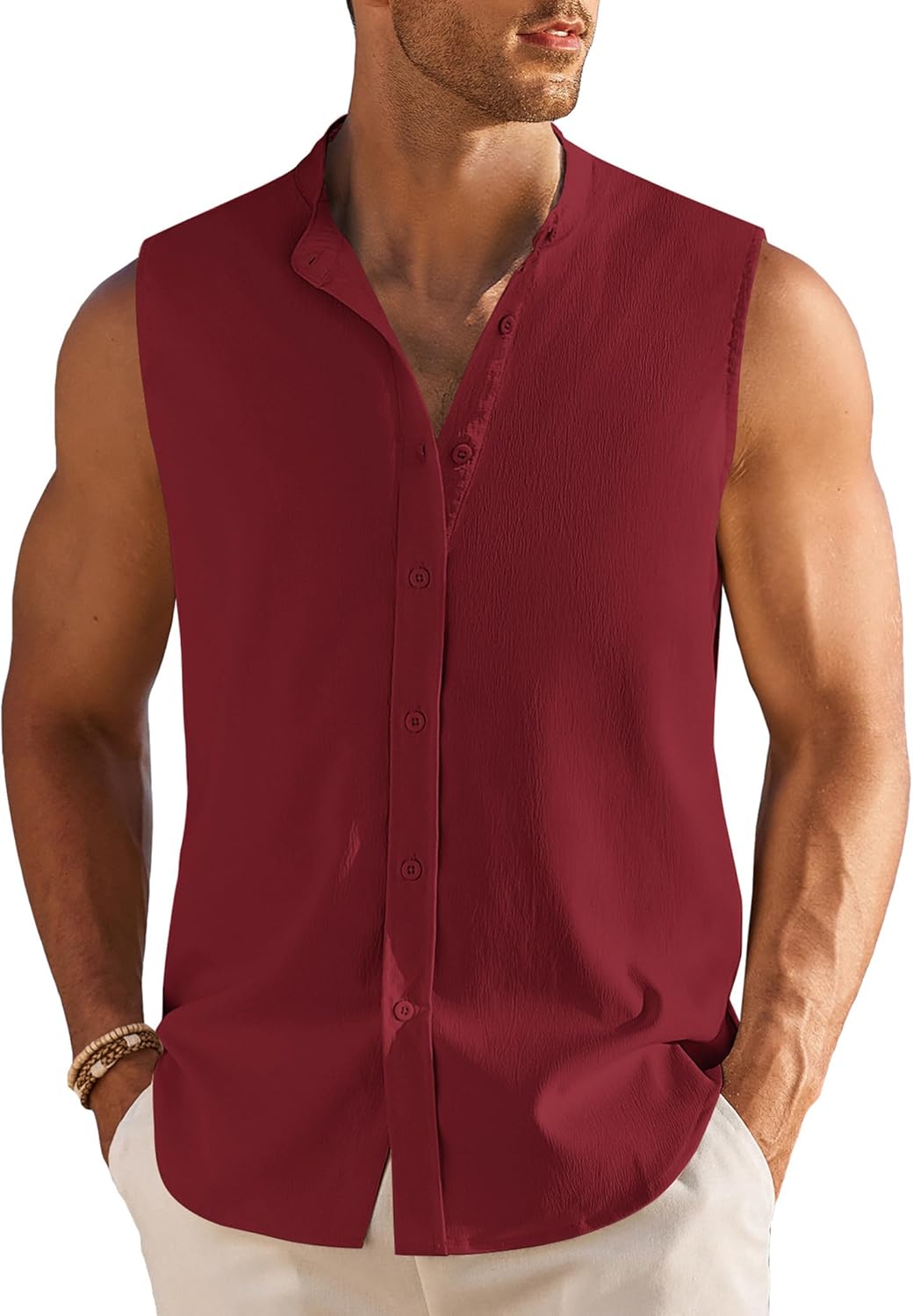 Men's Summer Beach Tank Tops Sleeveless Button Up Casual Textured Shirts Banded Collar Vacation Cruise
