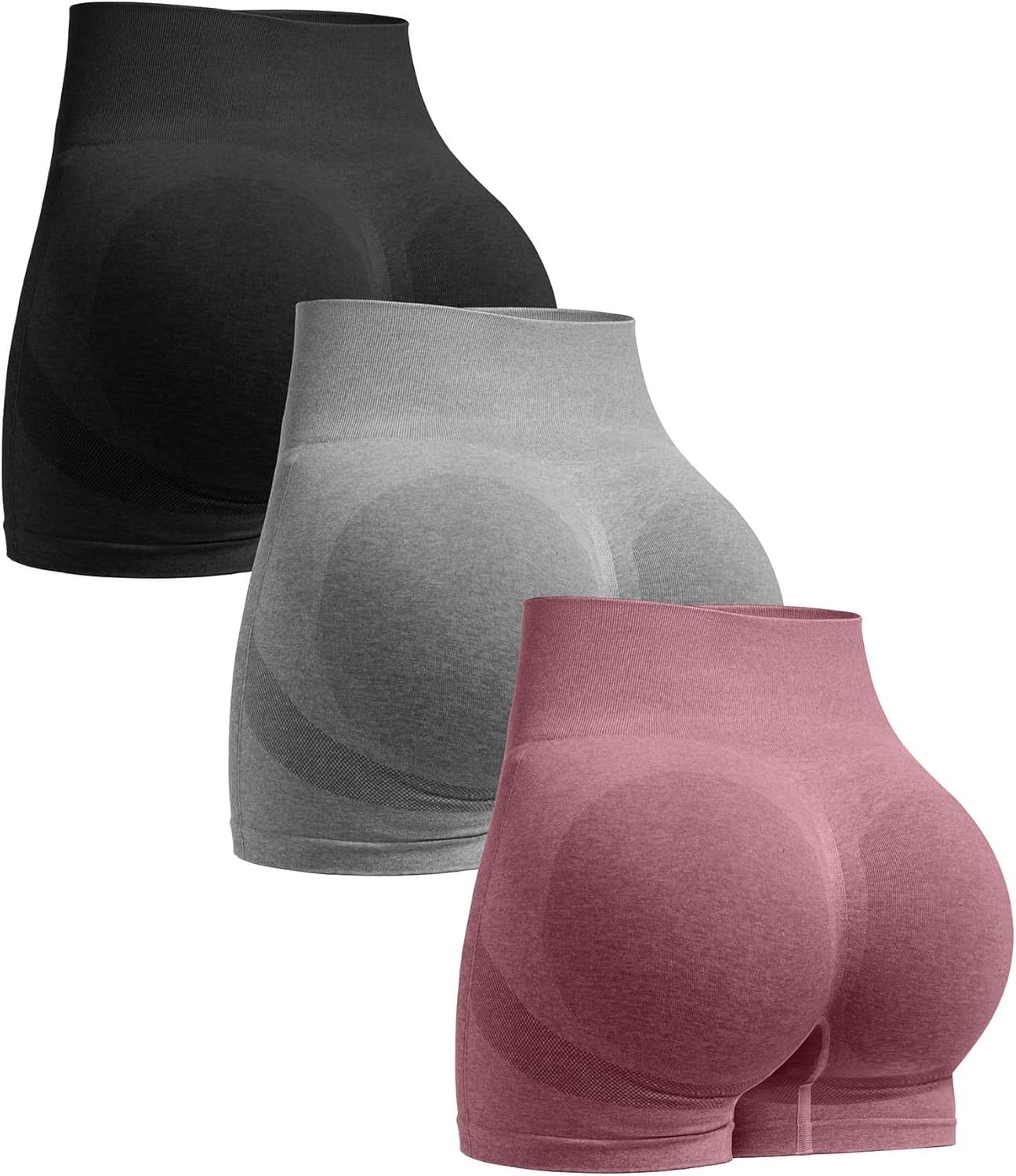 OVESPORT 3 Piece Workout Shorts for Women Seamless Scrunch Butt Lifting High Waisted Yoga Gym Booty Running Short Pants