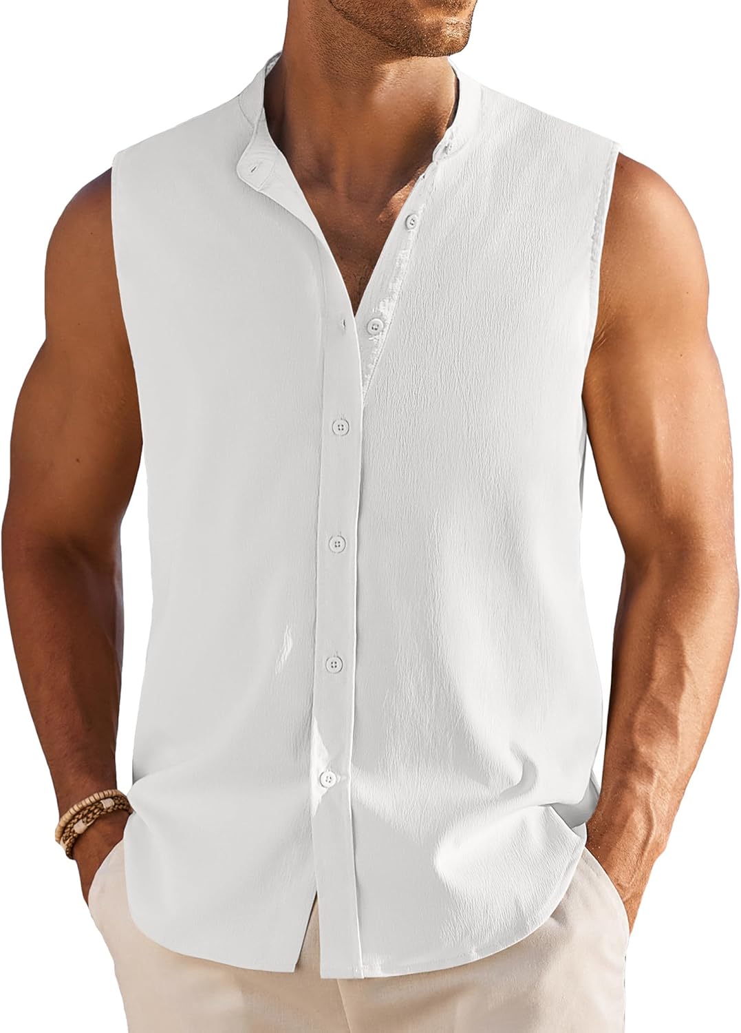 Men's Summer Beach Tank Tops Sleeveless Button Up Casual Textured Shirts Banded Collar Vacation Cruise