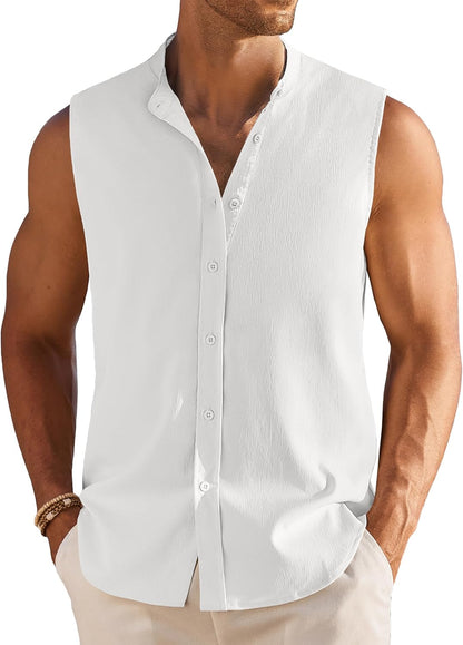 Men's Summer Beach Tank Tops Sleeveless Button Up Casual Textured Shirts Banded Collar Vacation Cruise