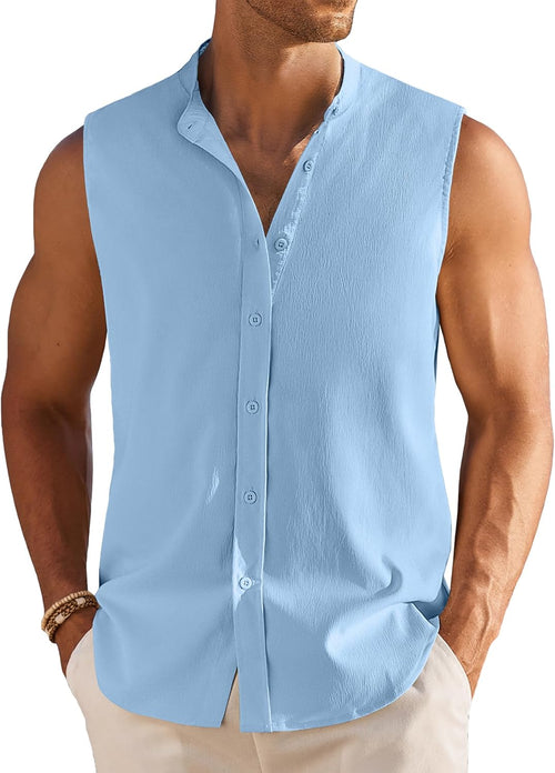 Men's Summer Beach Tank Tops Sleeveless Button Up Casual Textured Shirts Banded Collar Vacation Cruise