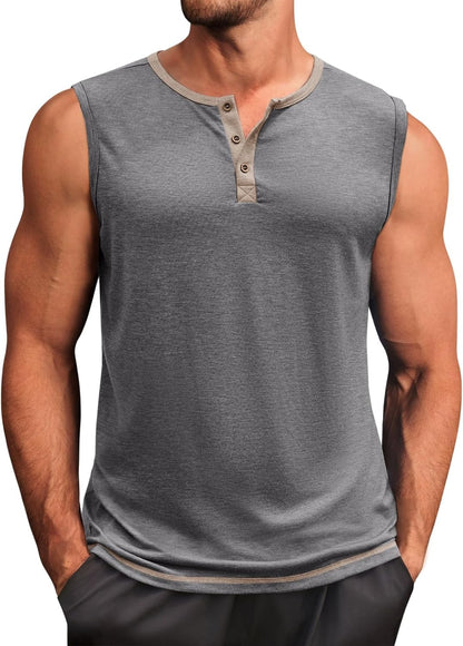 Runcati Men's Workout Tank Tops Sleeveless Gym Muscle Henley Shirt Casual Basic Summer Beach Tops