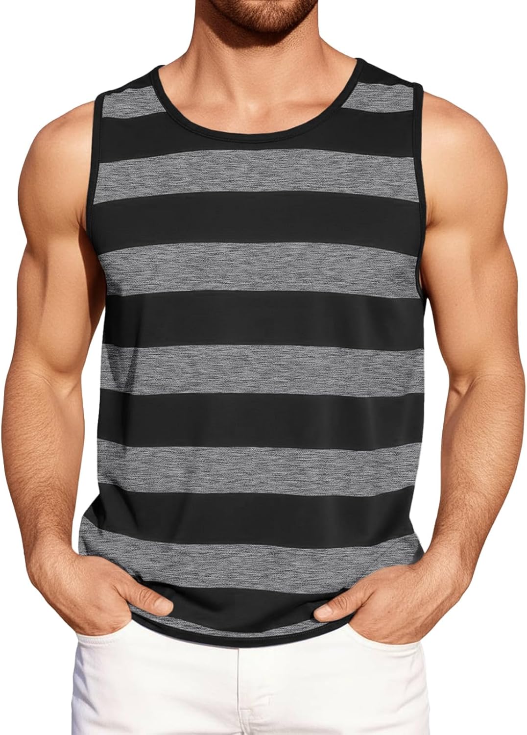 Runcati Mens Workout Tank Tops Sleeveless Striped Muscle Gym T Shirts Casual Summer Beach Tee Tops