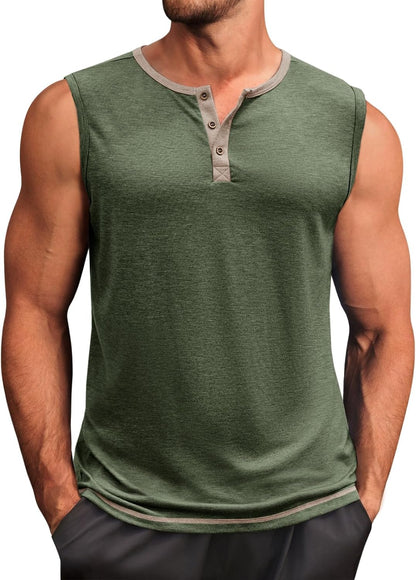 Runcati Men's Workout Tank Tops Sleeveless Gym Muscle Henley Shirt Casual Basic Summer Beach Tops