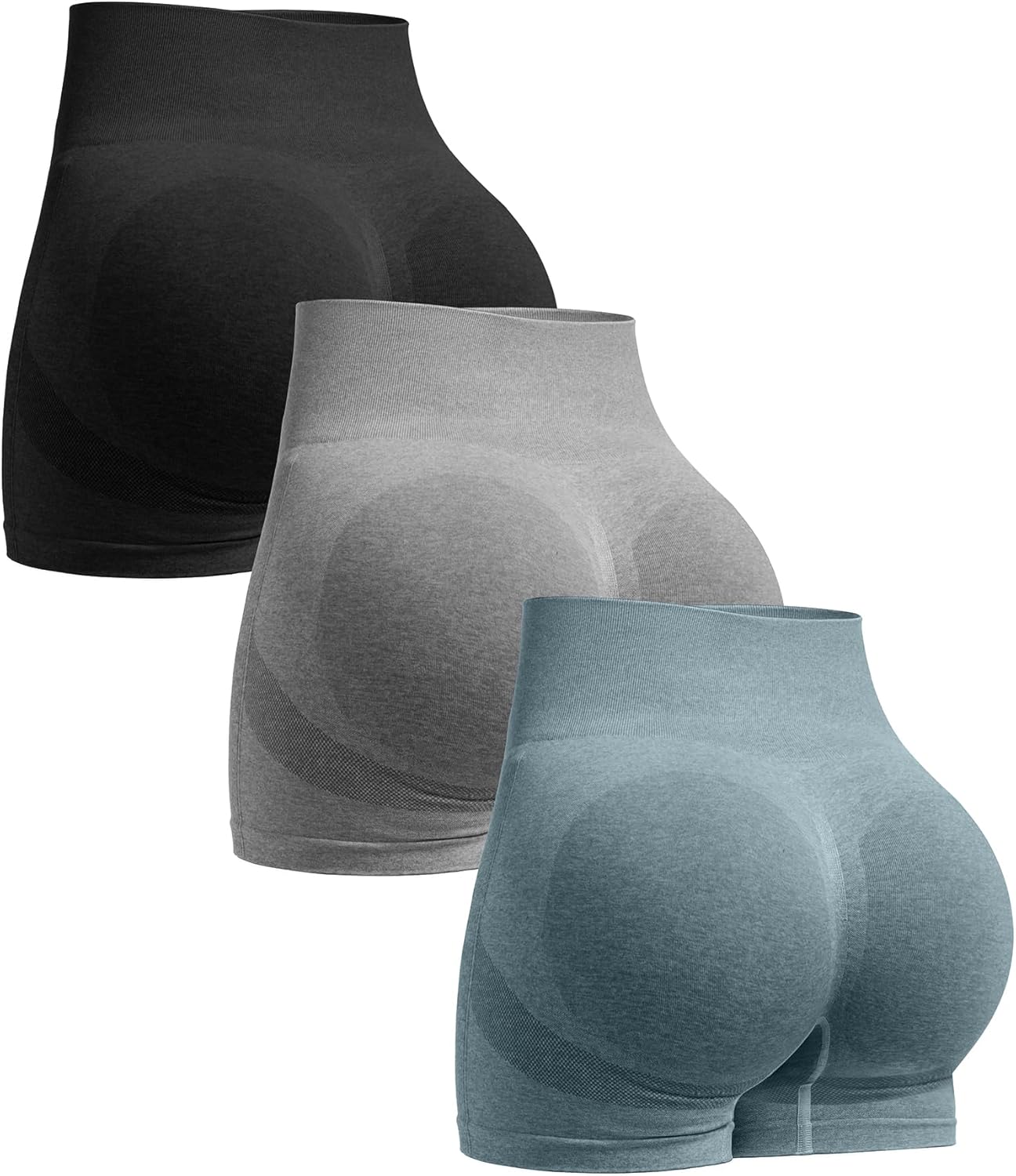 OVESPORT 3 Piece Workout Shorts for Women Seamless Scrunch Butt Lifting High Waisted Yoga Gym Booty Running Short Pants