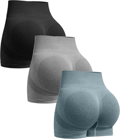 OVESPORT 3 Piece Workout Shorts for Women Seamless Scrunch Butt Lifting High Waisted Yoga Gym Booty Running Short Pants