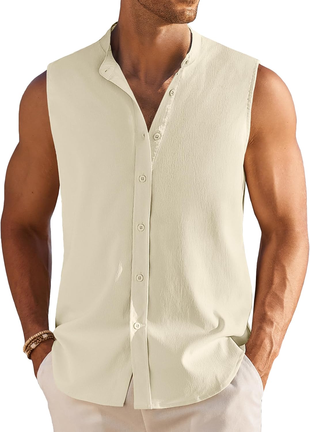 Men's Summer Beach Tank Tops Sleeveless Button Up Casual Textured Shirts Banded Collar Vacation Cruise