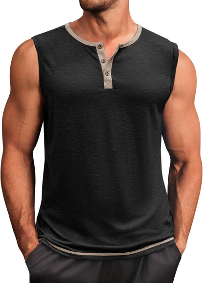 Runcati Men's Workout Tank Tops Sleeveless Gym Muscle Henley Shirt Casual Basic Summer Beach Tops