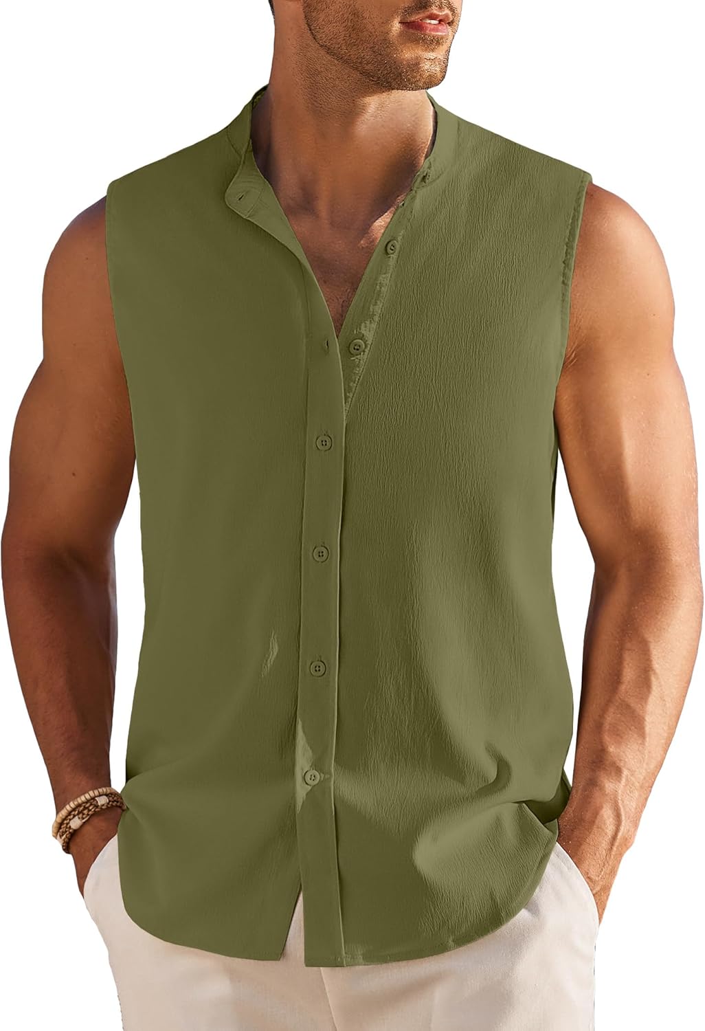 Men's Summer Beach Tank Tops Sleeveless Button Up Casual Textured Shirts Banded Collar Vacation Cruise