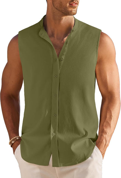 Men's Summer Beach Tank Tops Sleeveless Button Up Casual Textured Shirts Banded Collar Vacation Cruise