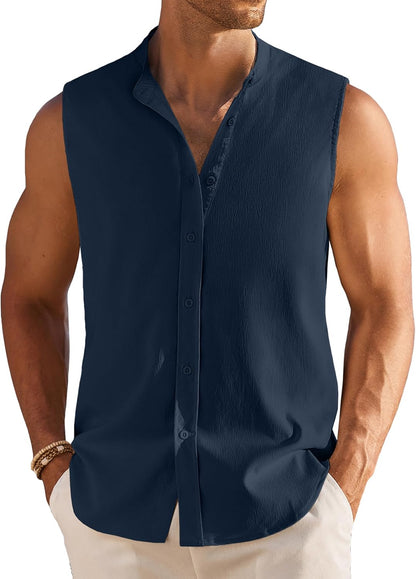 Men's Summer Beach Tank Tops Sleeveless Button Up Casual Textured Shirts Banded Collar Vacation Cruise