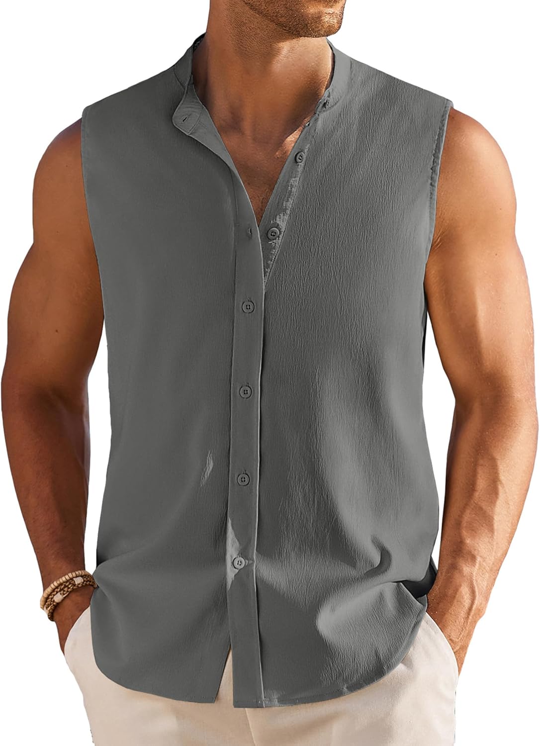 Men's Summer Beach Tank Tops Sleeveless Button Up Casual Textured Shirts Banded Collar Vacation Cruise