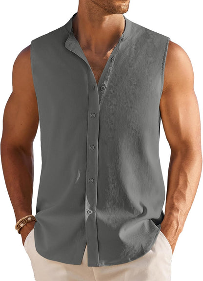 Men's Summer Beach Tank Tops Sleeveless Button Up Casual Textured Shirts Banded Collar Vacation Cruise