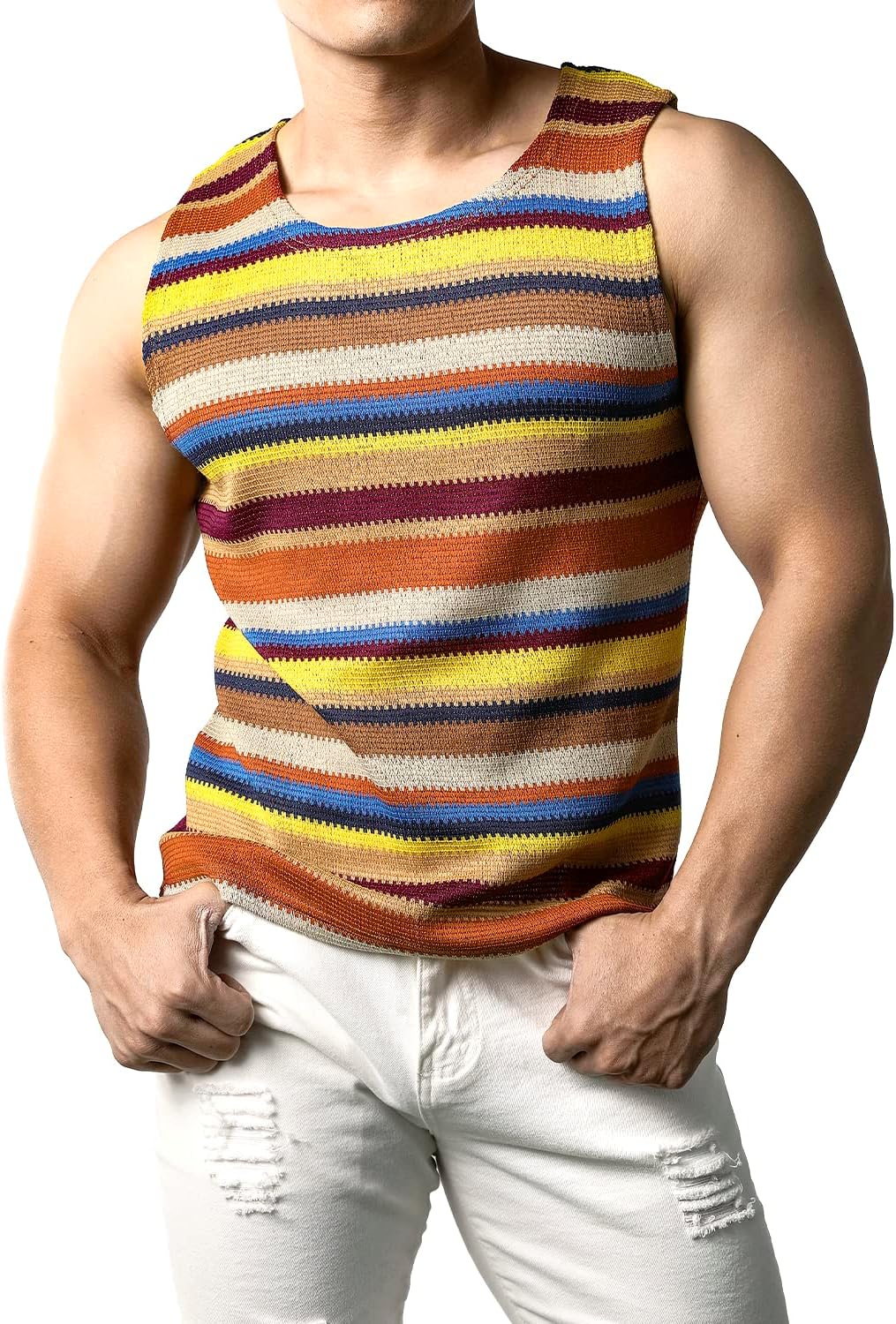 JOGAL Mens Rainbow Striped Sleeveless Shirts Multicolored Casual Tank Tops