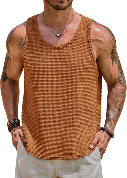 Mens Hollow Out Tank Top Vacation Summer See Through Crochet Sleeveless Shirt Beach Muscle Knit Vest (S-XXL)