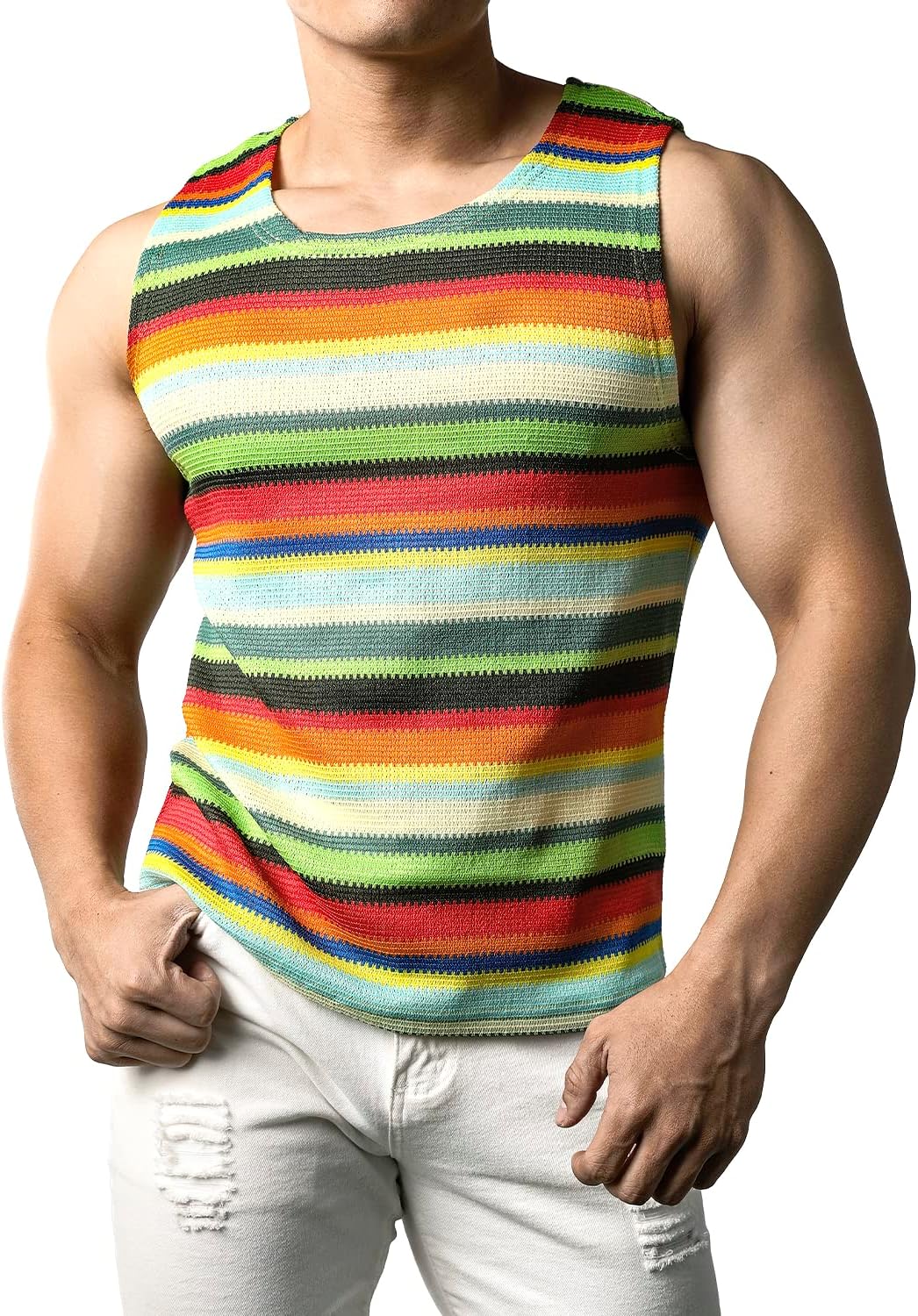 JOGAL Mens Rainbow Striped Sleeveless Shirts Multicolored Casual Tank Tops