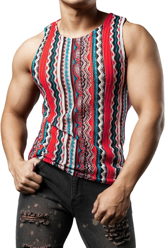 JOGAL Mens Boho Summer Tank Top Sleeveless Muscle Mesh Shirt