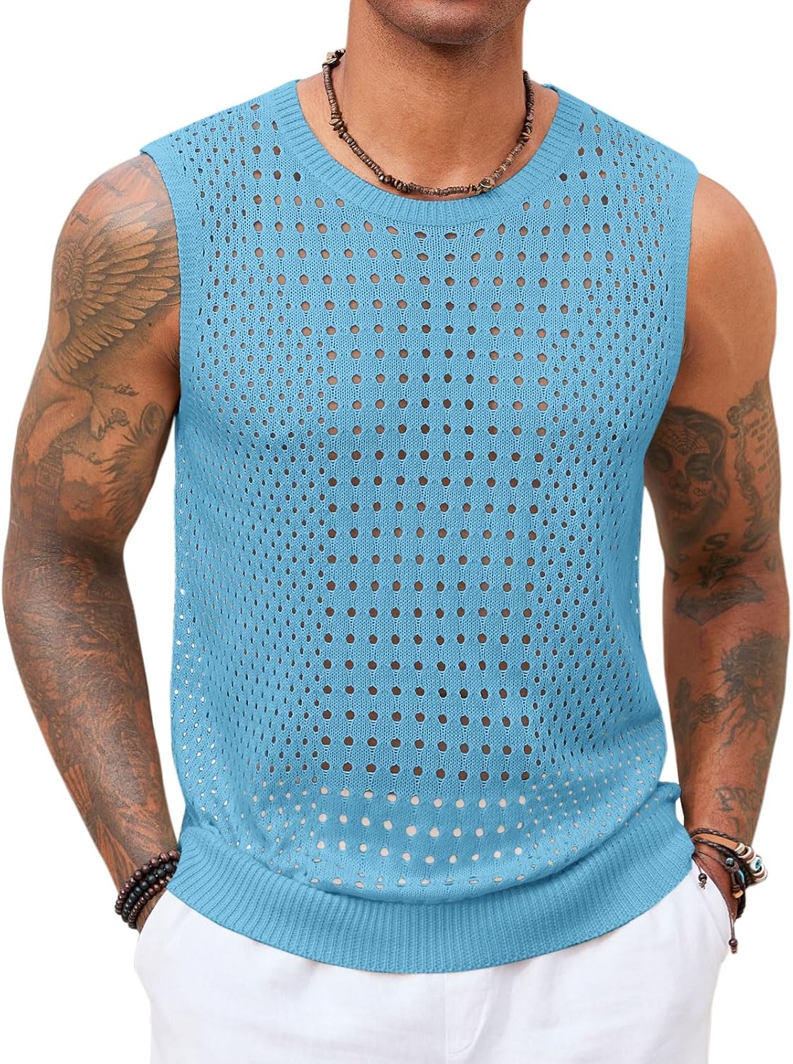 Runcati Mens Knit Sleeveless Tank Tops Casual Hollow Out T Shirts Beach Summer See Through Tops
