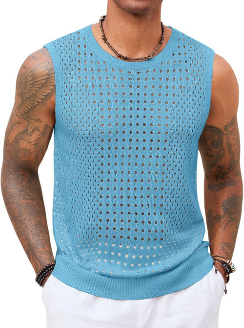 Runcati Mens Knit Sleeveless Tank Tops Casual Hollow Out T Shirts Beach Summer See Through Tops