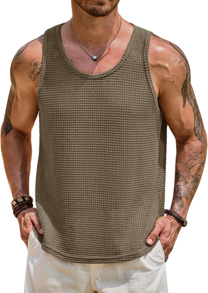 Mens Hollow Out Tank Top Vacation Summer See Through Crochet Sleeveless Shirt Beach Muscle Knit Vest (S-XXL)