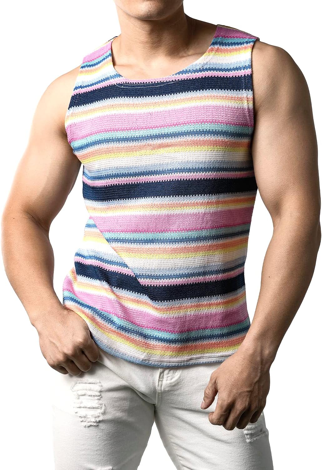 JOGAL Mens Rainbow Striped Sleeveless Shirts Multicolored Casual Tank Tops