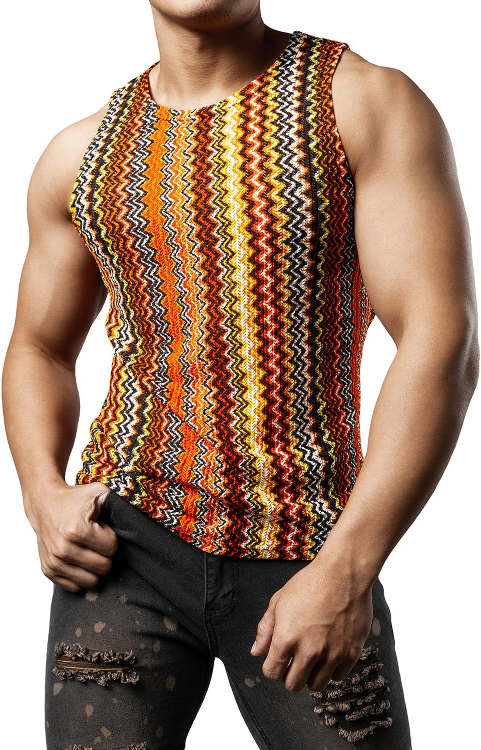 JOGAL Mens Boho Summer Tank Top Sleeveless Muscle Mesh Shirt