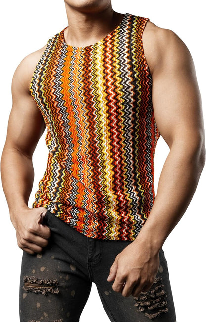 JOGAL Mens Boho Summer Tank Top Sleeveless Muscle Mesh Shirt