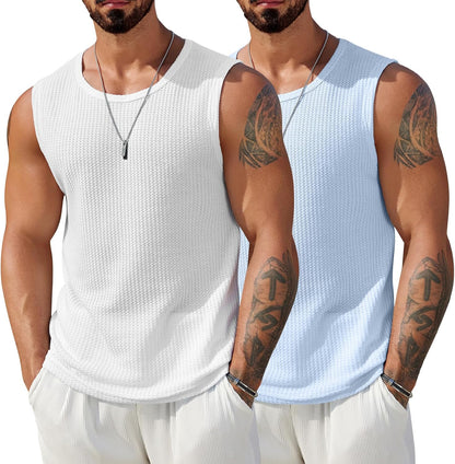 COOFANDY Mens Casual Tank Tops 2 Pack Waffle Knit Sleeveless Shirt Breathable Tank Shirts Summer Muscle Tee