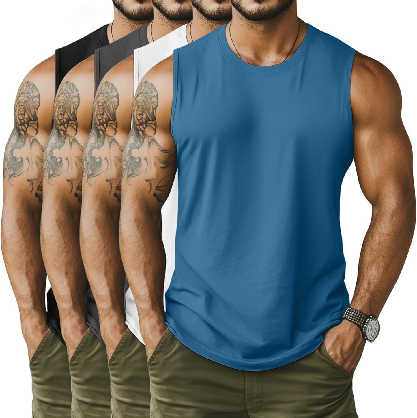 Neer 4 Pack Men's Big & Tall Tank Tops, Sleeveless Cotton Crew Neck T Shirts Casual Classic Shirts Muscle Quick Dry Tees