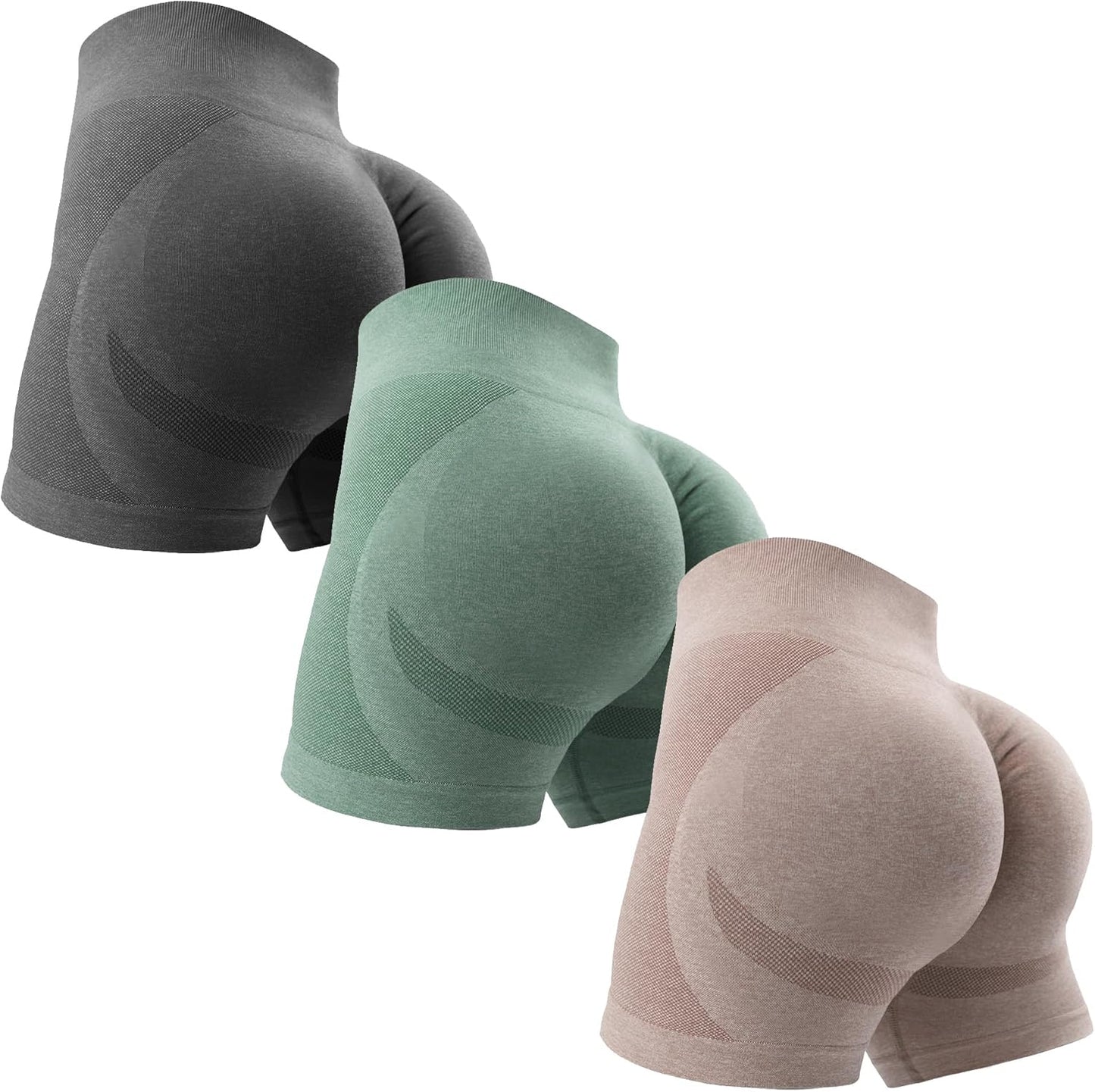 OVESPORT 3 Piece Workout Shorts for Women Seamless Scrunch Butt Lifting High Waisted Yoga Gym Booty Running Short Pants