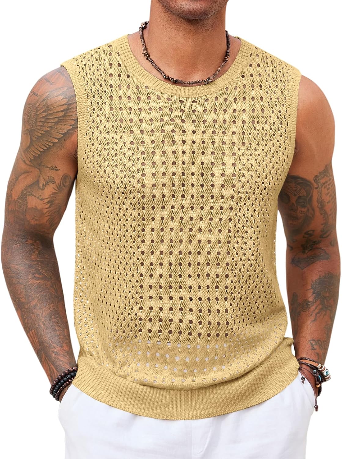 Runcati Mens Knit Sleeveless Tank Tops Casual Hollow Out T Shirts Beach Summer See Through Tops