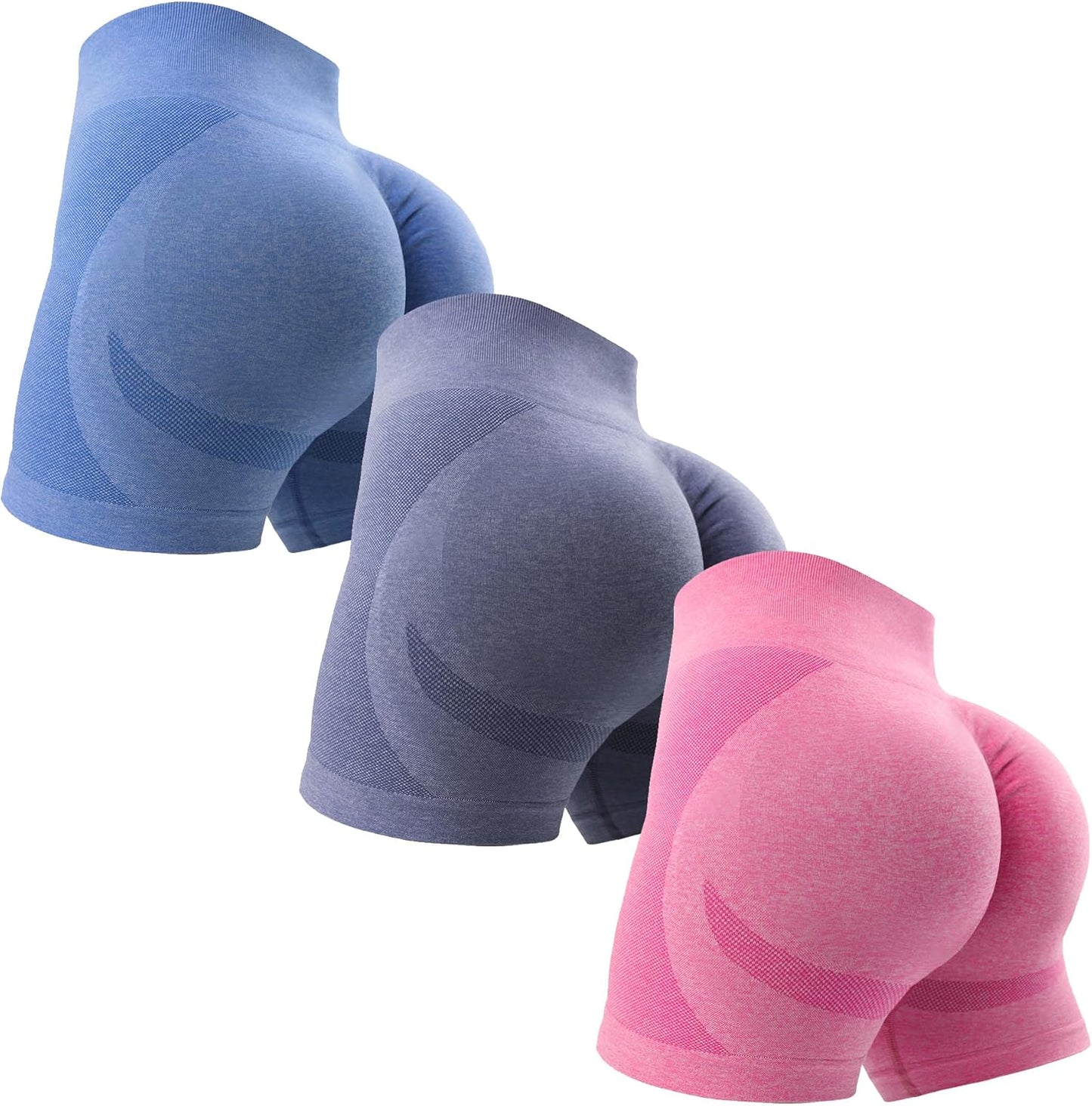 OVESPORT 3 Piece Workout Shorts for Women Seamless Scrunch Butt Lifting High Waisted Yoga Gym Booty Running Short Pants