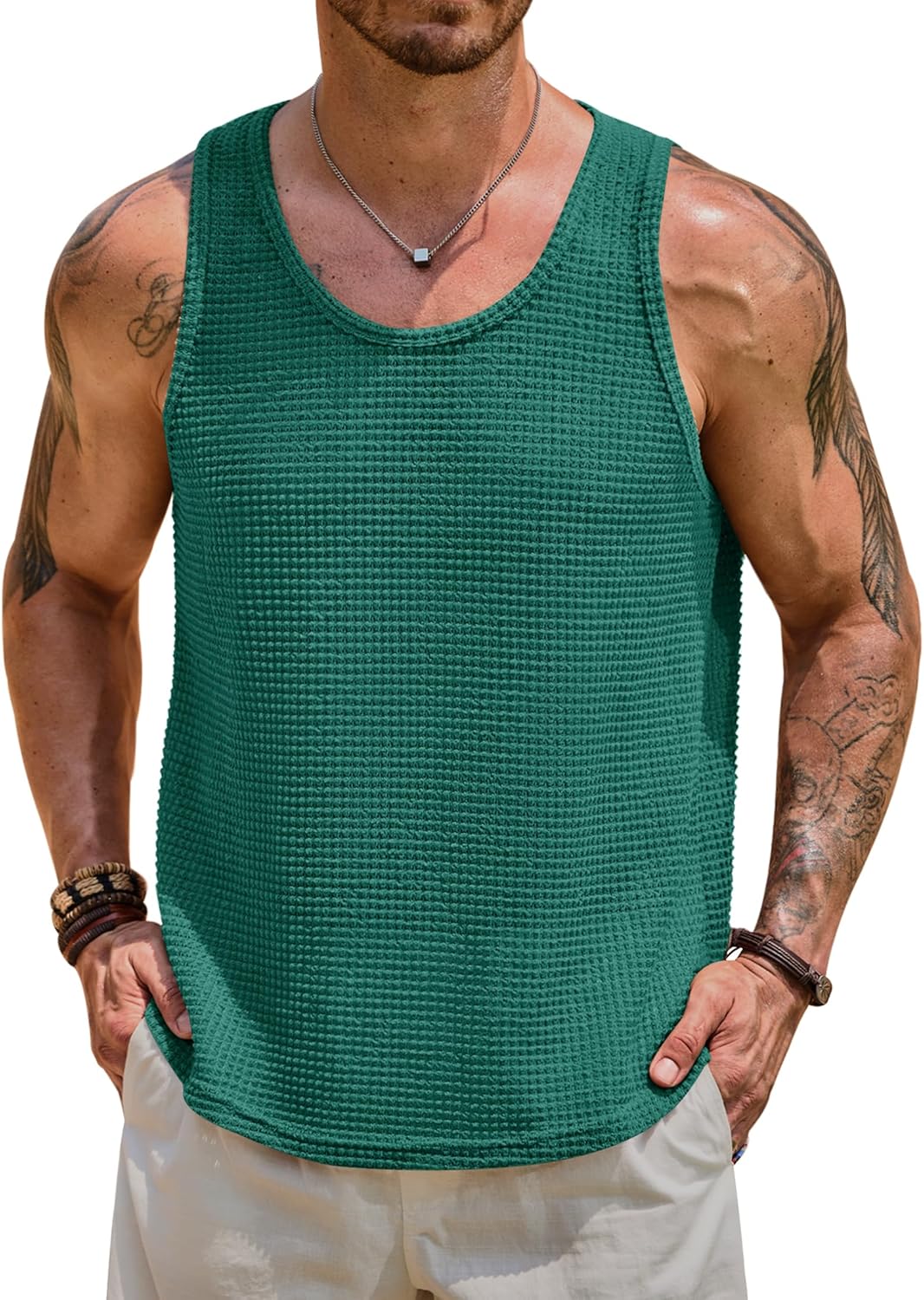Mens Hollow Out Tank Top Vacation Summer See Through Crochet Sleeveless Shirt Beach Muscle Knit Vest (S-XXL)