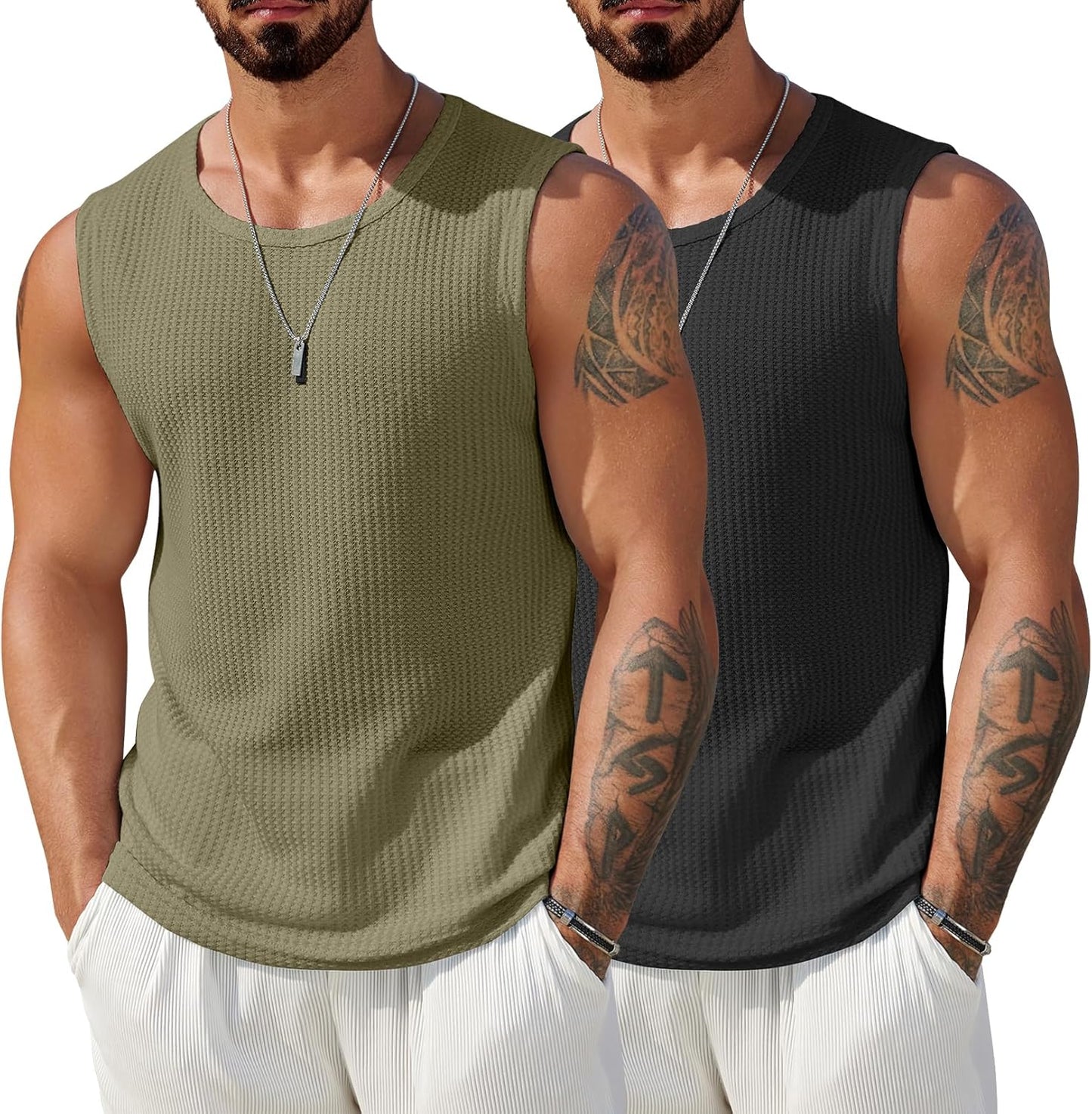 COOFANDY Mens Casual Tank Tops 2 Pack Waffle Knit Sleeveless Shirt Breathable Tank Shirts Summer Muscle Tee